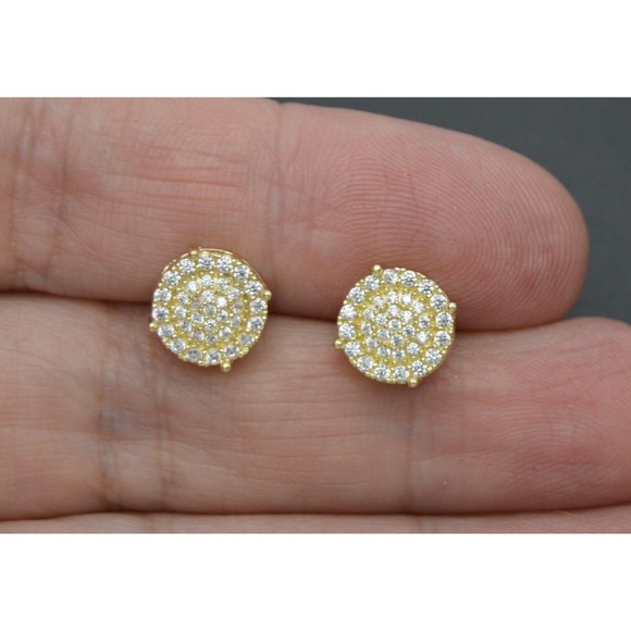 Real 10K Solid Yellow Gold 11mm Mens Halo Round Cut CZ Charm Stud Earrings 2.1gr - Picture 2 of 5